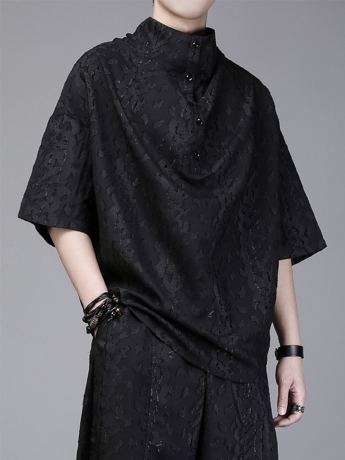Dark Jacquard Stand-Collar Tee