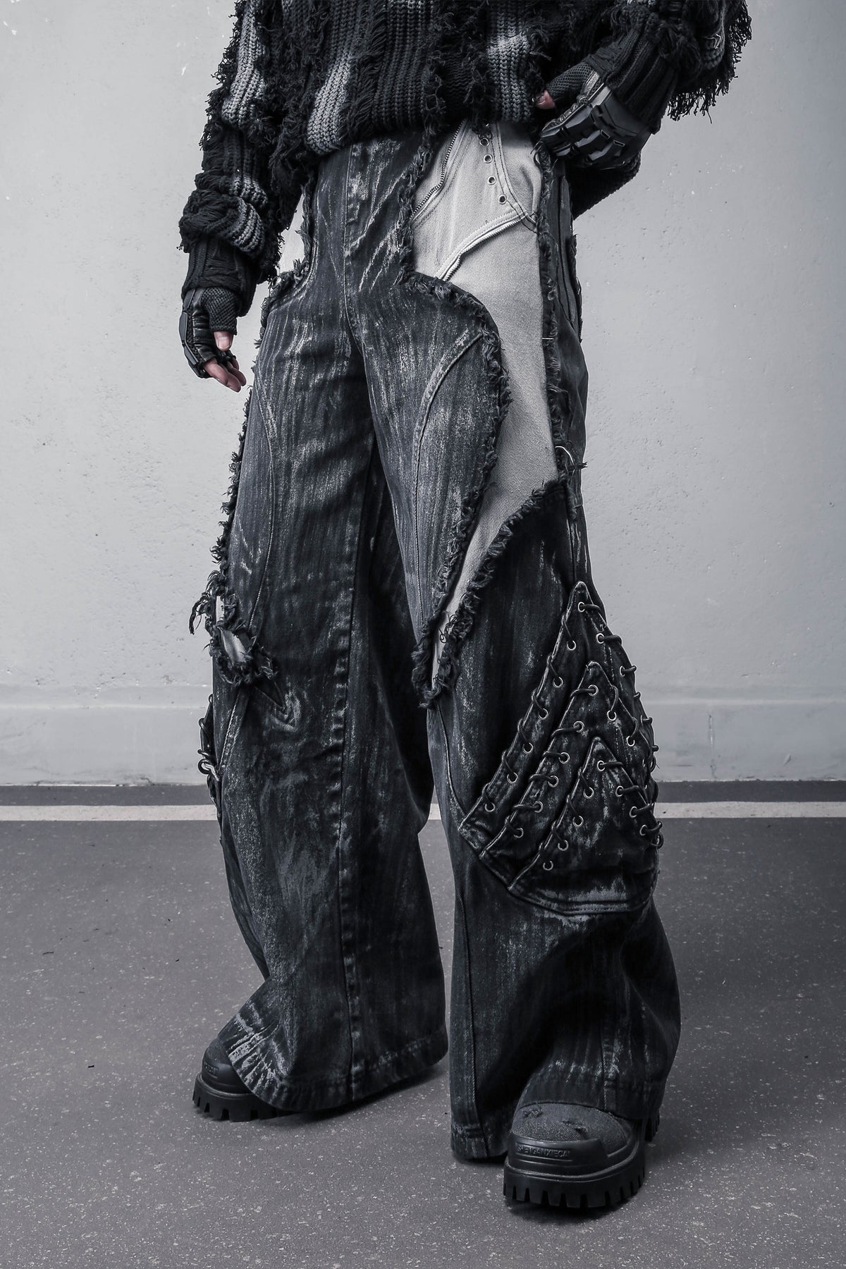 Deconstructed Two-Tone Raw Hem Jeans