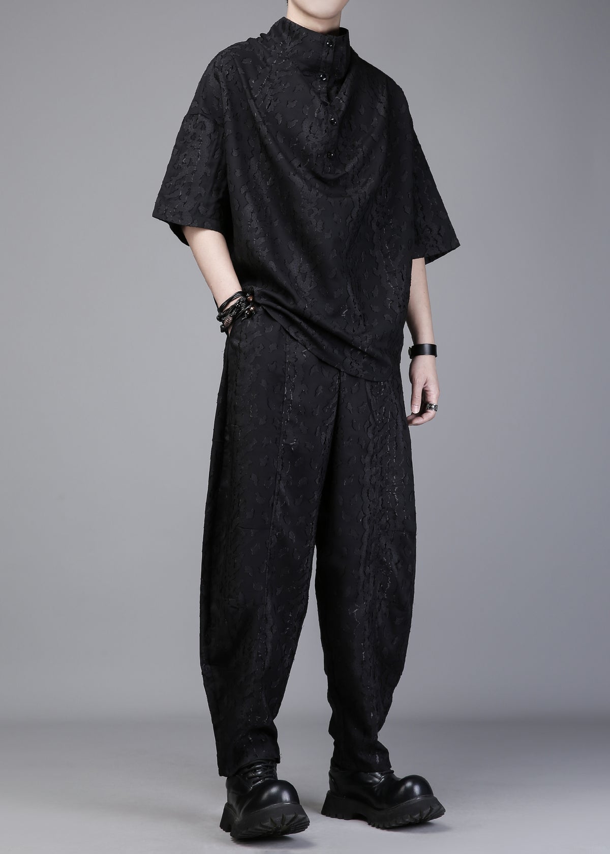 Dark Jacquard Stand-Collar Tee