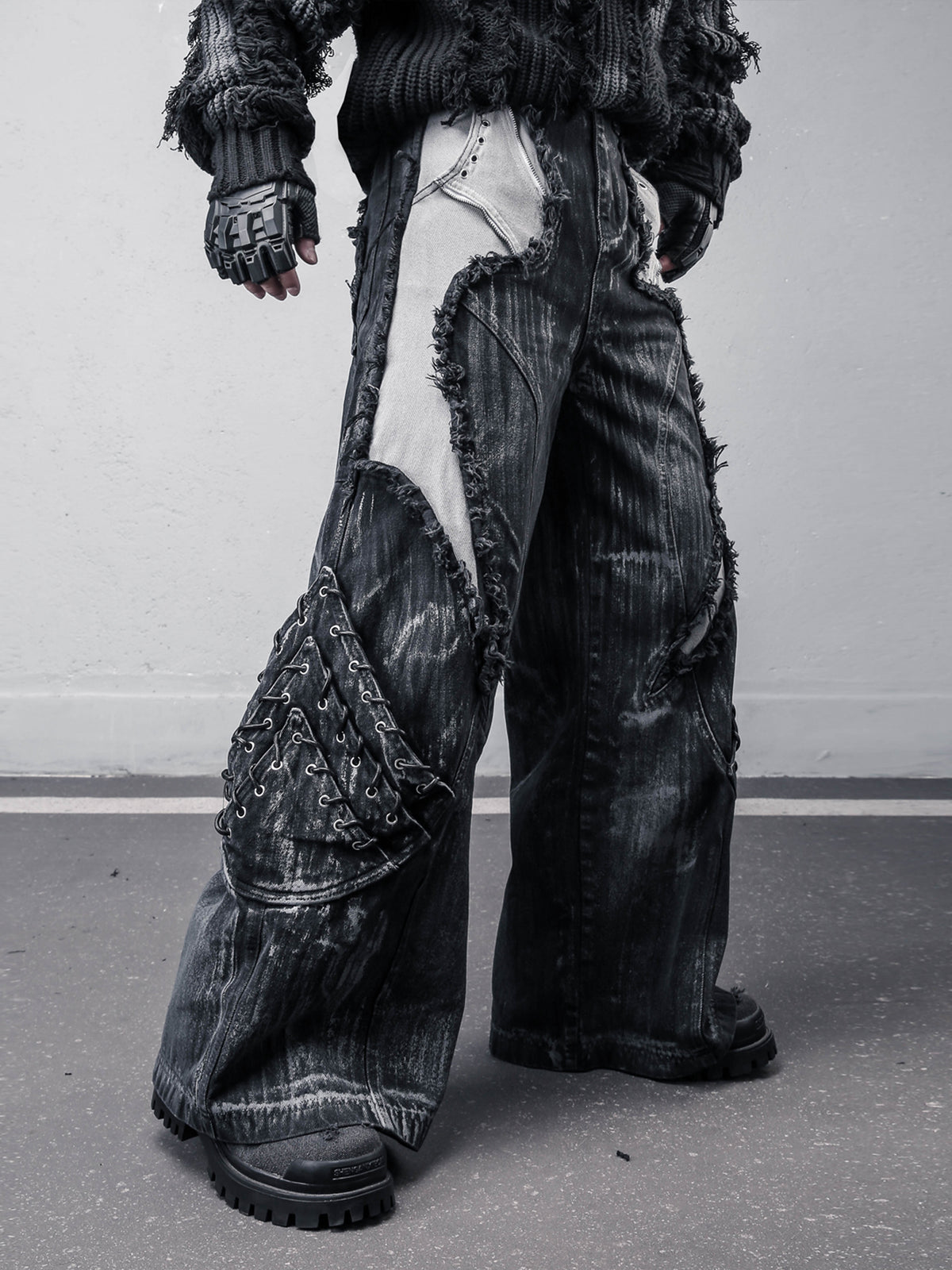 Deconstructed Two-Tone Raw Hem Jeans