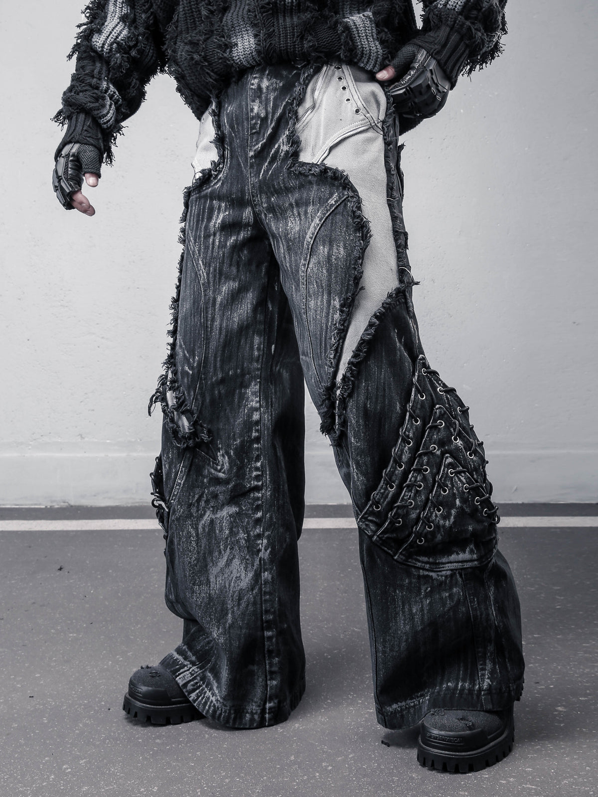 Deconstructed Two-Tone Raw Hem Jeans