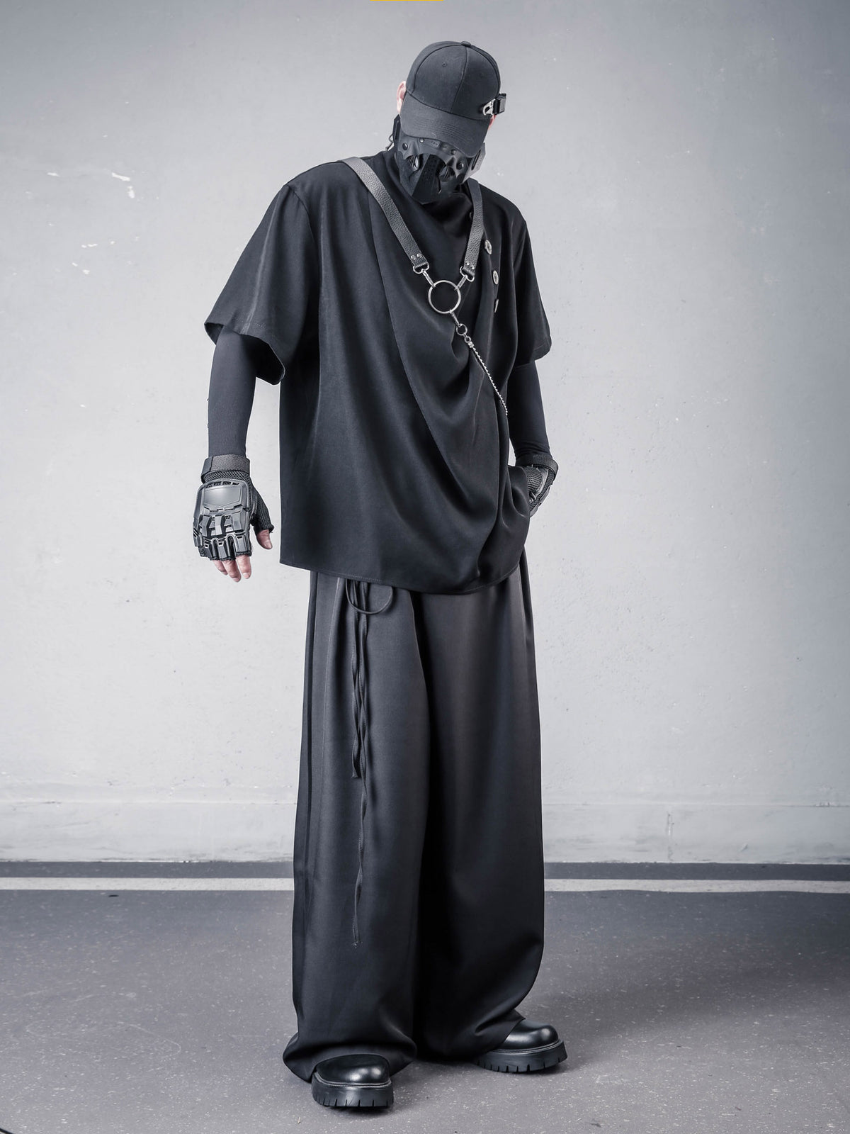 Dark Draped High-Collar Asymmetric Tee
