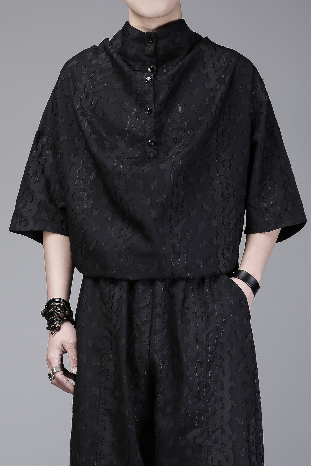 Dark Jacquard Stand-Collar Tee